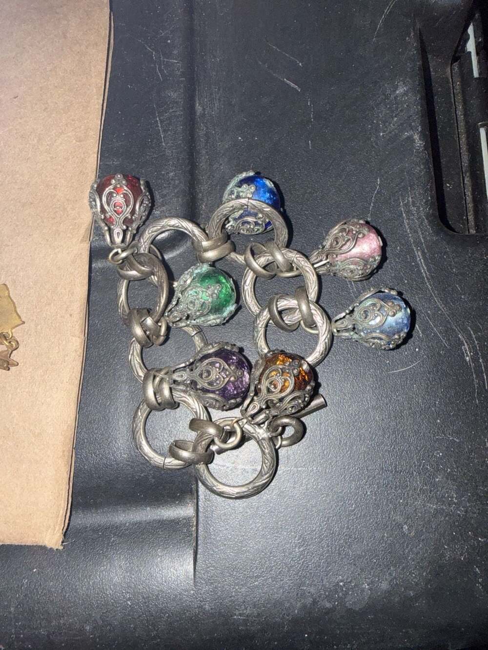 Vintage French Foiled Art Glass Filigree Orb Charm Bracelet